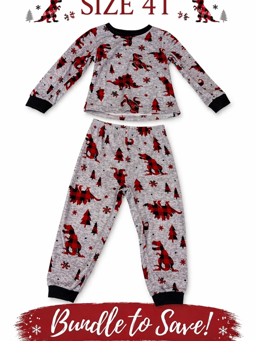 PJ Essentials 4T Dinosaur Pajama Set Red Plaid Dino Kids PJs
